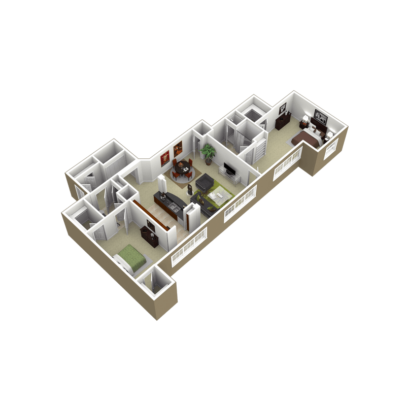 Floor plan for 1 bed, 2 baths, 1387 sqft